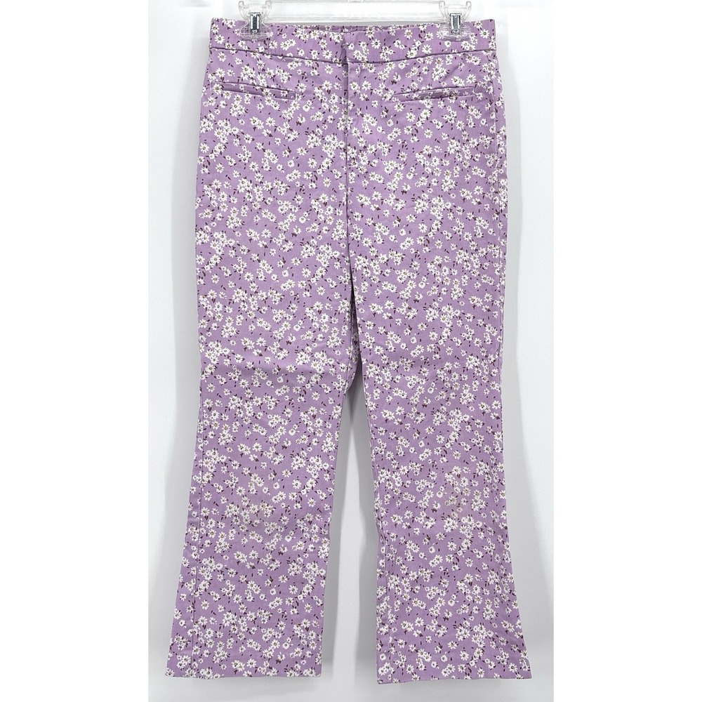 Zara Floral Kick Flare Pants Size Large Purple Daisy Print Ankle Crop